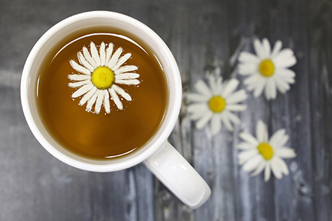 Chamomile tea in a white cup and daisy flowers on dark table