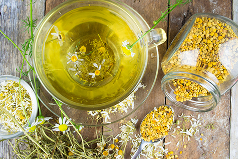 Cup of chamomile tea with dry chamomile flowers