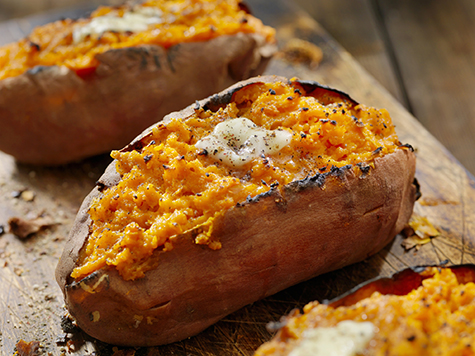 Twice Baked, Stuffed Sweet Potatoes with Melting Butter and Cracked Pepper