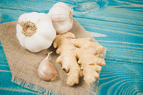 Garlic bulbs with ginger on blue wooden table. Concept of natural medicine.