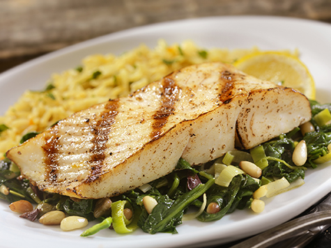 Grilled Halibut with Spinach, leeks and Rice