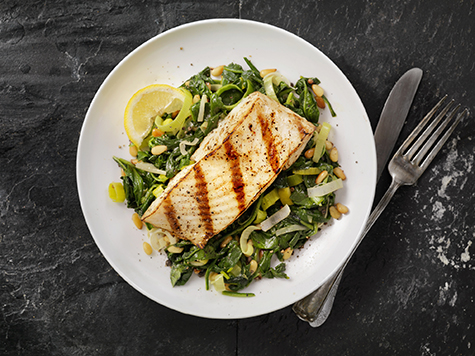 Grilled Halibut with Spinach, leeks and Pine Nuts