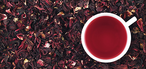 Cup of hibiscus tea on the leaves, panorama