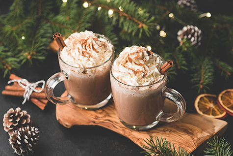 Two cups of hot chocolate with whipped cream and cinnamon