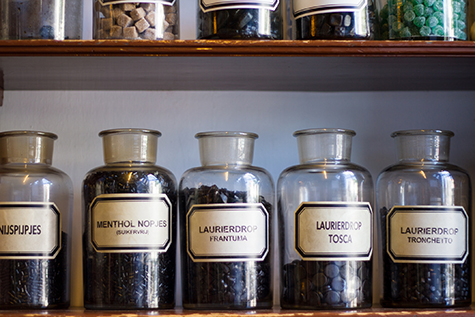 Jars of Licorice in Traditional Dutch Pharmacy
