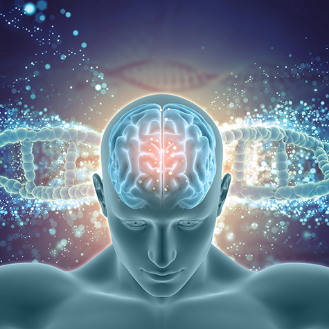 3D medical background with male figure with brain highlighted on DNA strands