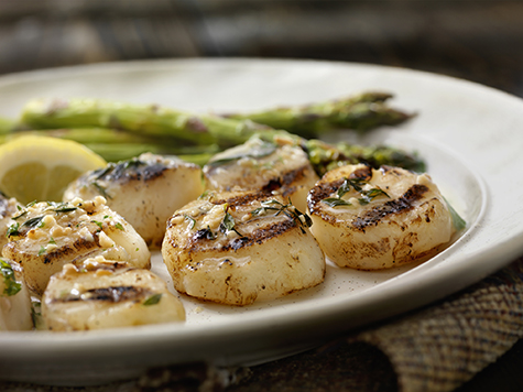 BBQ Grilled Scallops with Grilled Asparagus and a Herb, Garlic Butter Sauce