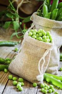 Peeled green peas in canvas bags