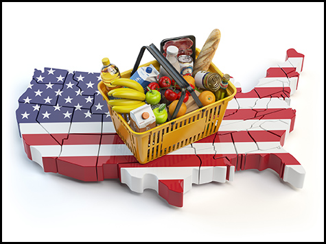 Market basket or consumer price index in USA United States. Shopping basket with foods on the map of USA.