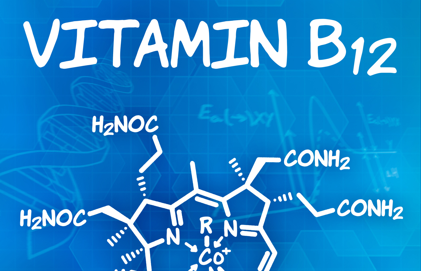 Hand with pen drawing the chemical formula of Vitamin B12